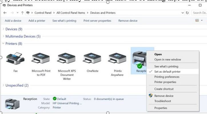 Giao diện Registry Editor hiển thị đường dẫn đến cài đặt máy in mặc định