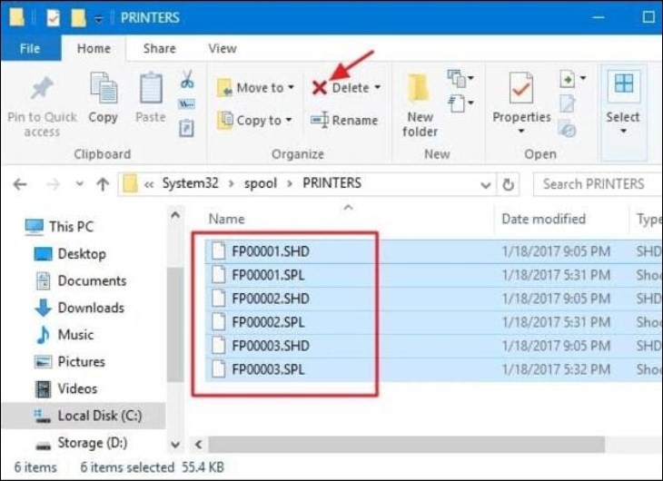 Chọn tất cả và xóa nội dung trong thư mục PRINTERS
