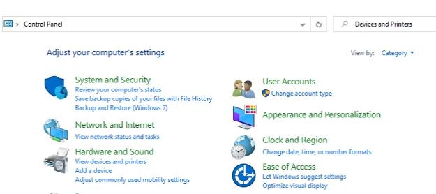 Giao diện Devices and Printers trong Windows 10 để cấu hình share máy in