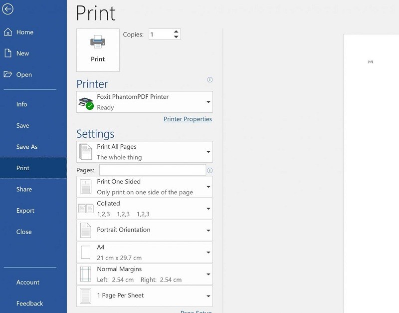 Menu Print trong Word