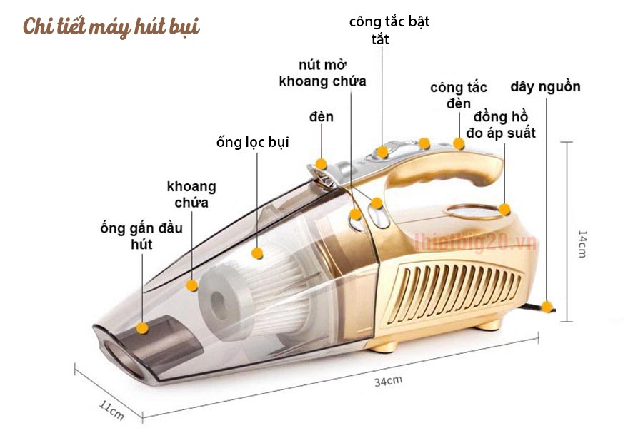 Kích thước và chi tiết thiết kế của máy hút bụi 4 trong 1 GHB04