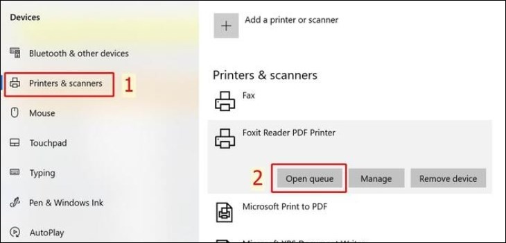 Chọn Printers &amp; Scanners, sau đó chọn Open Queue cho máy in cụ thể