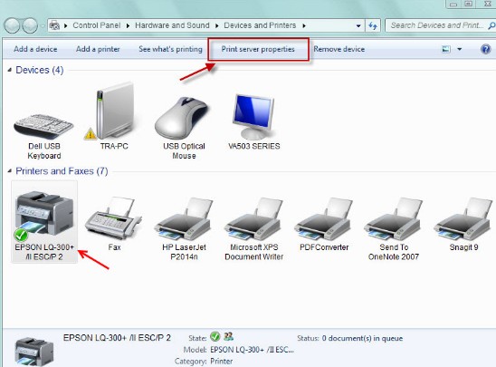 Danh sách thiết bị máy in trong Devices and Printers khi chỉnh khổ giấy máy in hóa đơn