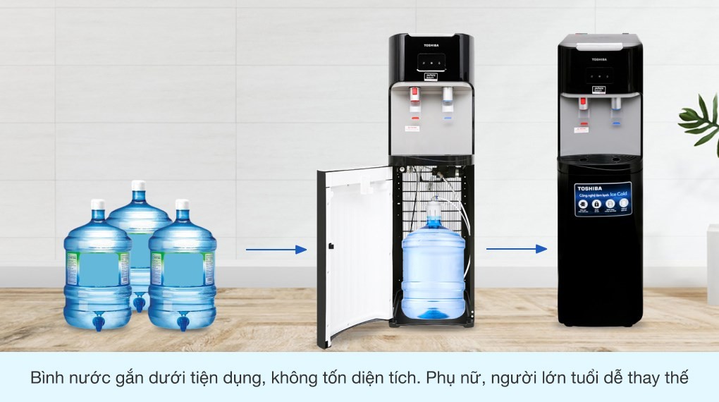 Thiết kế đặt bình nước ở dưới thân máy làm nước nóng lạnh Toshiba RWF-W1669BV