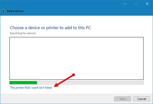 Lựa chọn Printer that I Want Isn’t list khi cài đặt máy in qua mạng