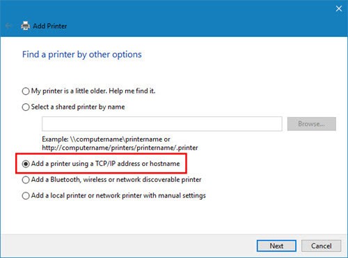Nhập địa chỉ IP của máy in để kết nối mạng