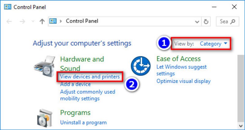 Cửa sổ Control Panel hiển thị tùy chọn 'View Devices and Printers' để quản lý thiết bị