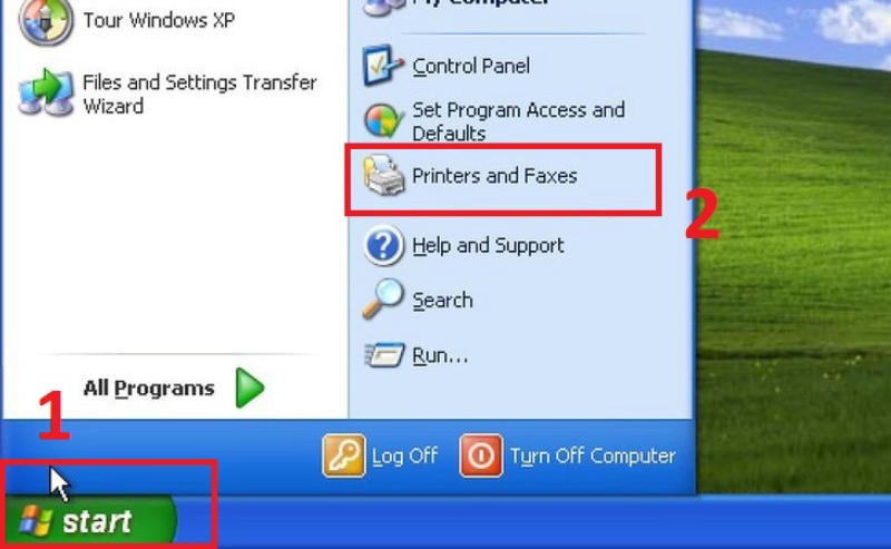 Cửa sổ Control Panel trên Windows XP hiển thị mục 'Printers and Faxes'