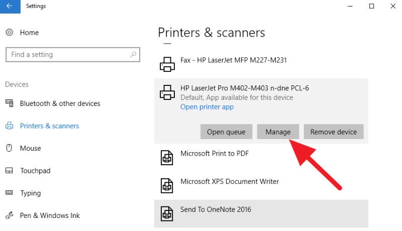 Giao diện Settings trên Windows 10 hiển thị danh sách máy in và máy quét để đổi tên