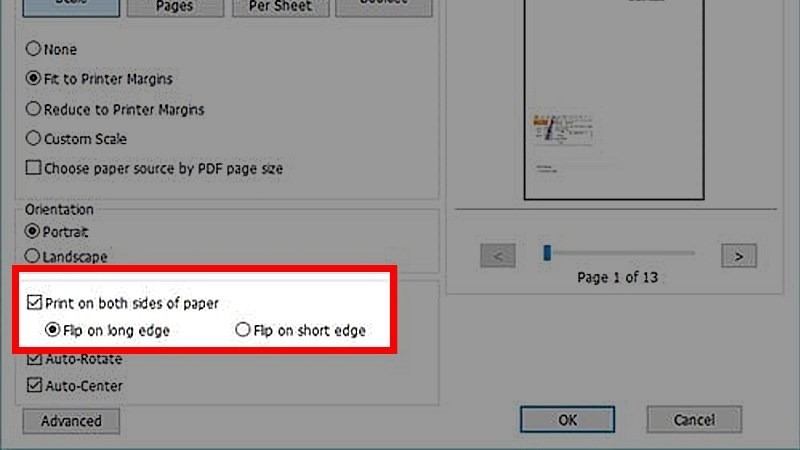 Chọn tùy chọn in hai mặt trong cài đặt PDF