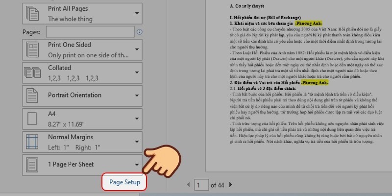 Mở hộp thoại Page Setup để thiết lập in