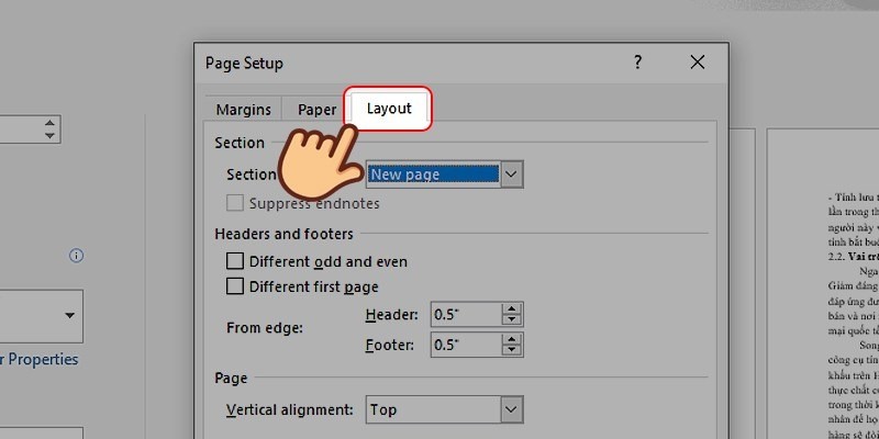 Chọn tab Layout trong Page Setup