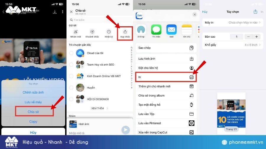 Menu chia sẻ ảnh Zalo để tiến hành in