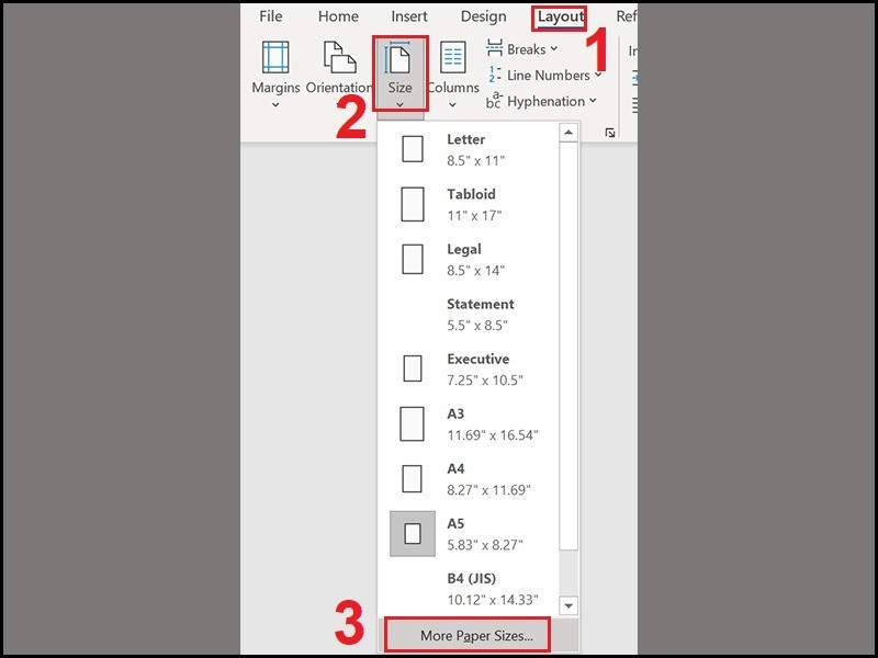 Menu chọn More Paper Sizes trong cài đặt khổ giấy Word
