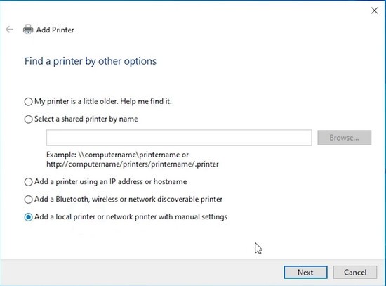 Chọn tùy chọn 'The printer that I want isn’t listed' khi Windows không tự nhận diện máy in HP Laserjet 1020