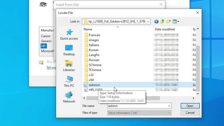 Nhấn 'Have Disk' để cài đặt driver HP Laserjet 1020 từ file đã tải về