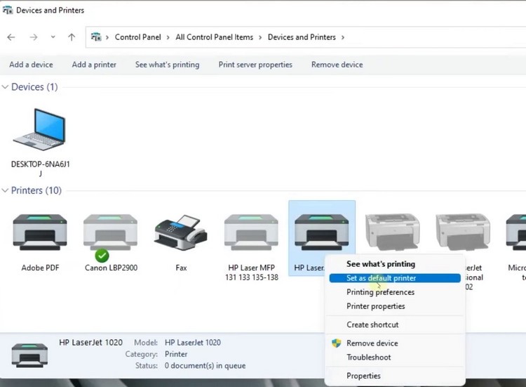 Kiểm tra máy in HP Laserjet 1020 trong danh sách Devices and Printers của Control Panel