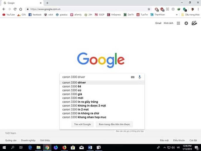 Kết quả tìm kiếm driver máy in Canon 3300 trên Google