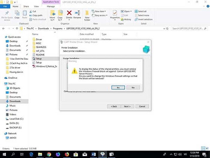 Một màn hình cảnh báo khác trong quá trình cài đặt driver Canon LBP 3300