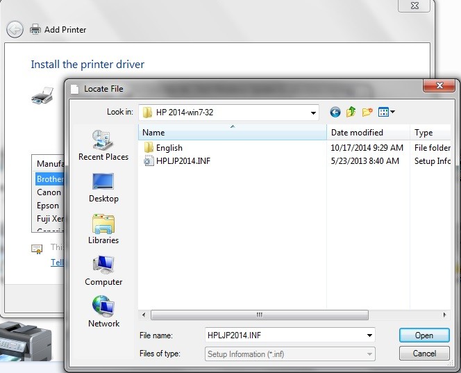 Xác nhận driver và chọn máy in HP LaserJet P2014