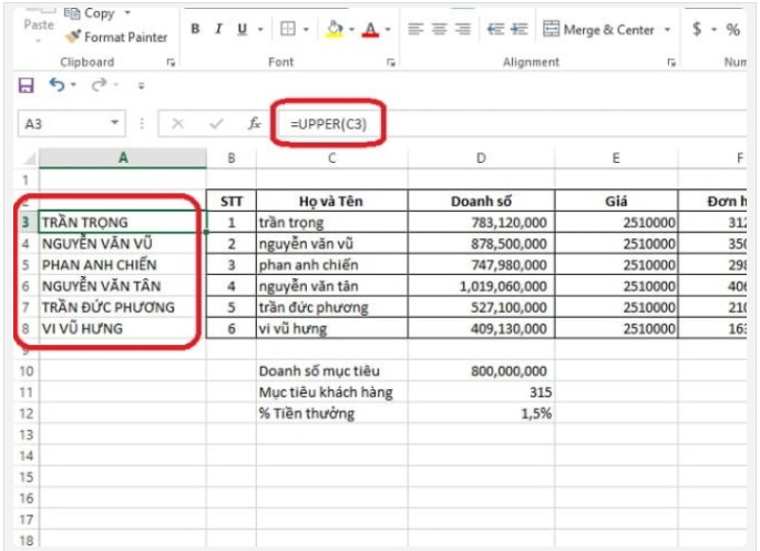 Sử dụng hàm UPPER để chuyển chữ thường sang chữ in hoa trong Excel
