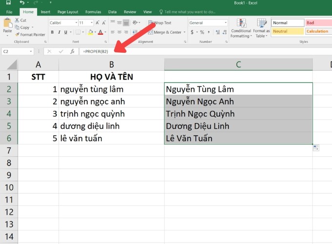 Hướng dẫn dùng hàm PROPER chuyển chữ cái đầu in hoa trong Excel