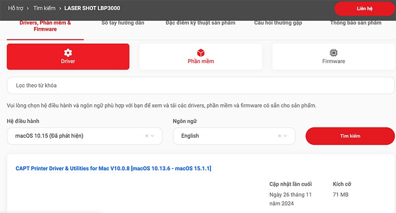 Giao diện trang web tải driver máy in Canon chính thức cho Macbook