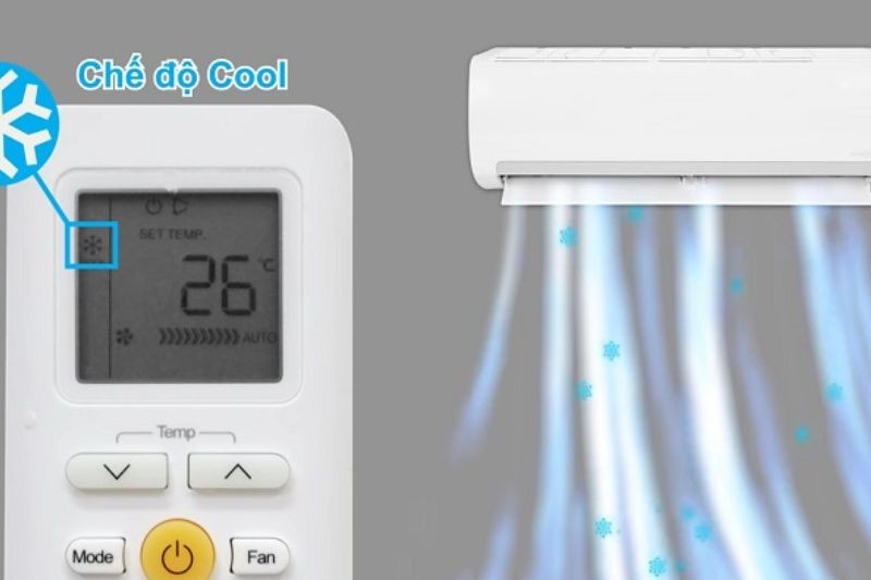 Hình ảnh minh họa cách chọn chế độ làm mát (Cool) trên remote máy lạnh Sharp nội địa