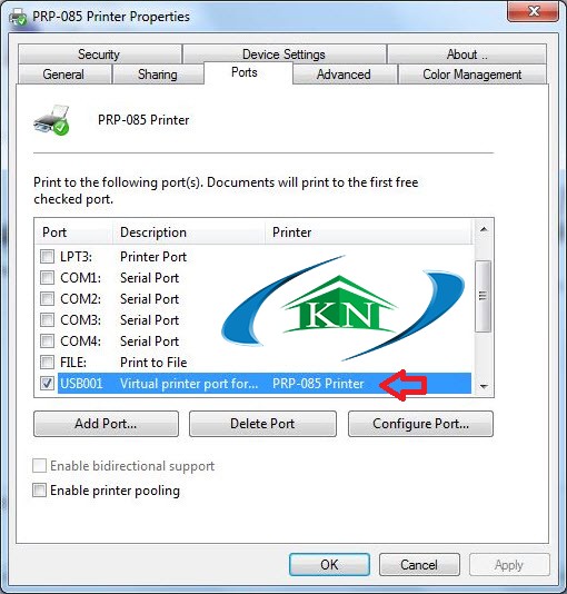 Giao diện chọn cổng kết nối USB trong cài đặt driver máy in hóa đơn PRP-085