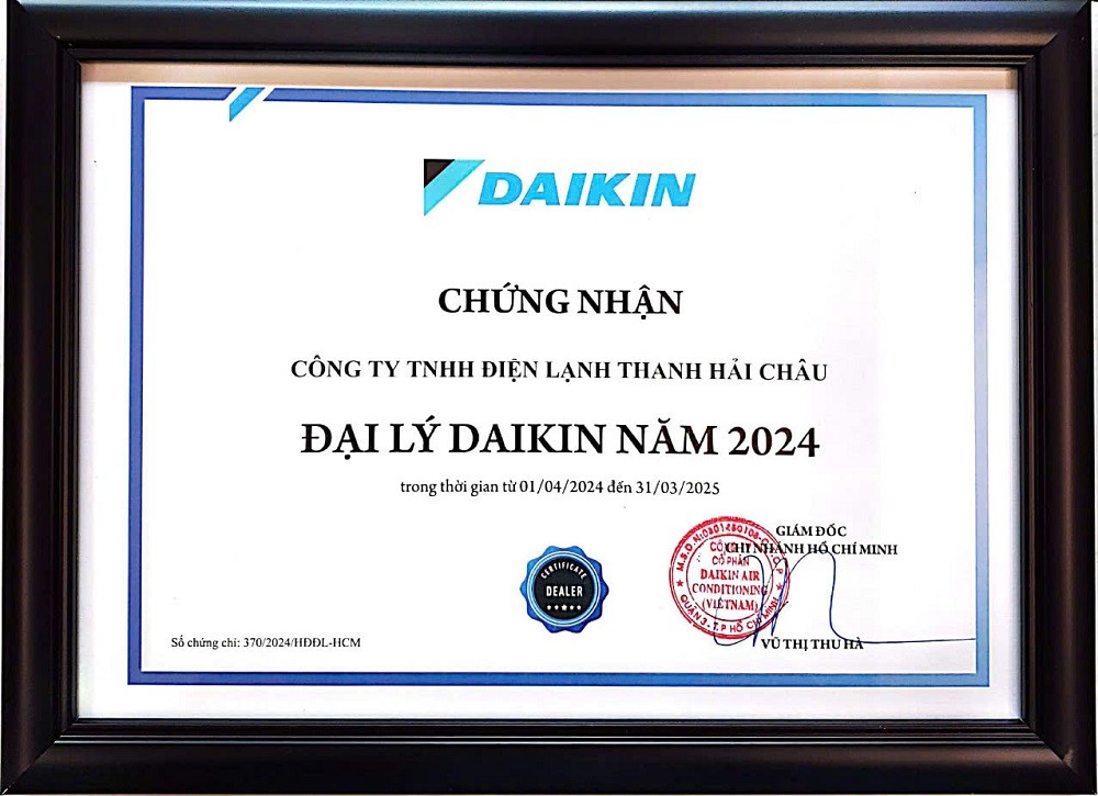 Chứng nhận đại lý chính hãng của Daikin cho công ty Điện lạnh Thanh Hải Châu
