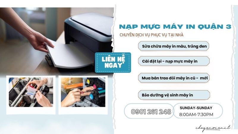 Kỹ thuật viên nạp mực máy in quận 3 đang kiểm tra máy in tại văn phòng
