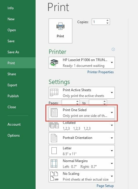 Chọn Print on Both Sides để in 2 mặt A4 tự động trong Excel