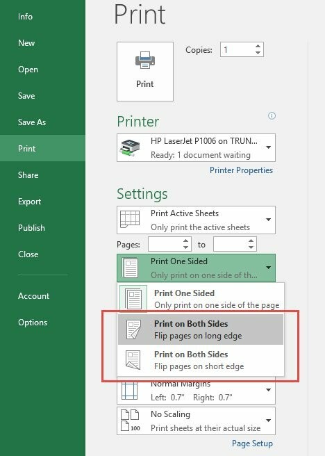Phân biệt Flip pages on long edge và short edge khi in 2 mặt A4 trong Excel