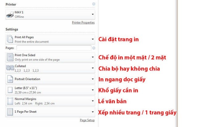 Hộp thoại Settings khi in trong Excel