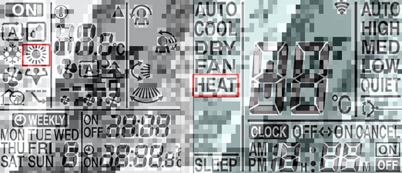 Các loại điều khiển điều hòa hiển thị chế độ nóng (HEAT) hoặc biểu tượng sưởi ấm