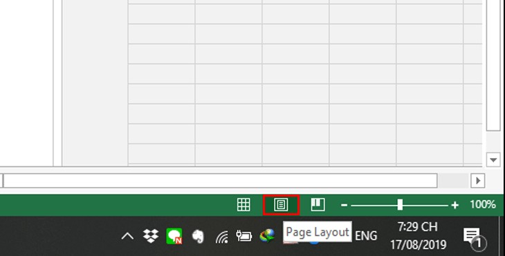 Chuyển đổi chế độ xem trang tính sang Page Layout trong Excel