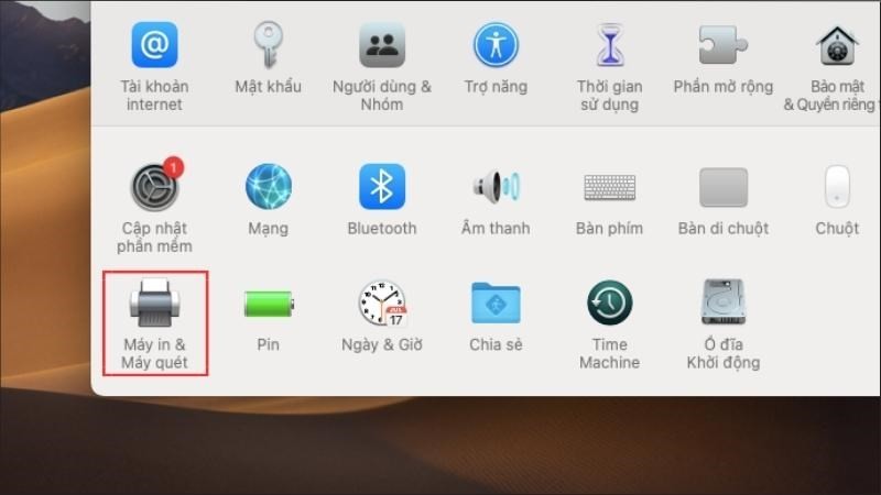 Chọn mục Máy in &amp; Máy quét trong Cài đặt macOS