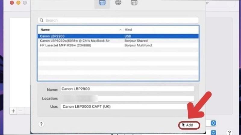 Nhấn nút Add để hoàn tất thêm máy in Brother trên macOS