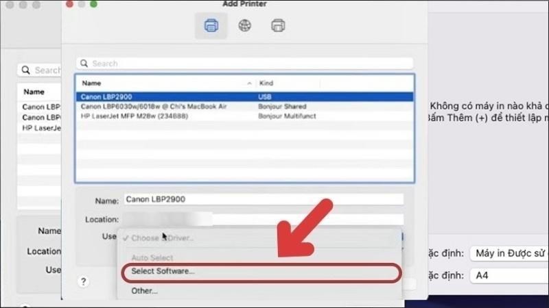 Chọn Select Software trong mục Use khi cài đặt máy in