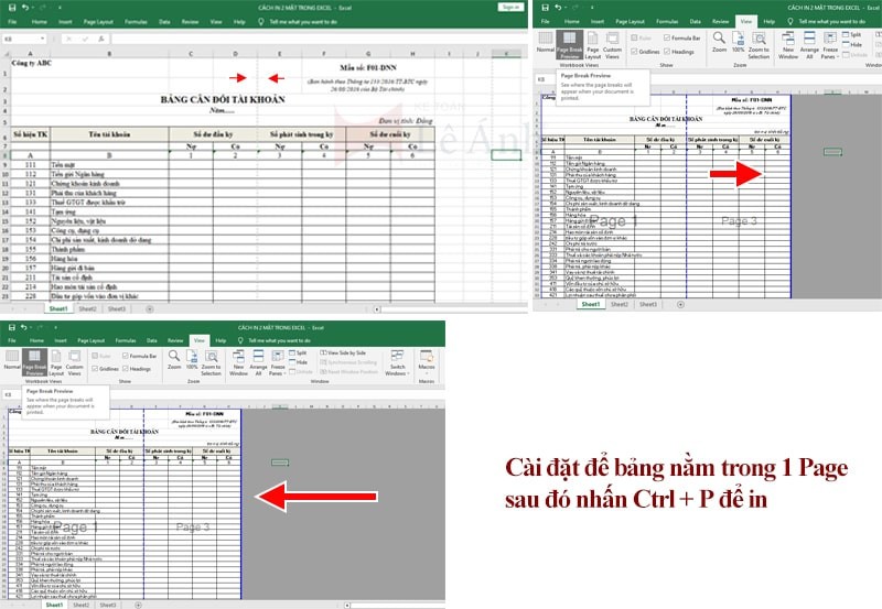 Chỉnh sửa Page Break Preview trong Excel trước khi chuyển PDF để in 2 mặt