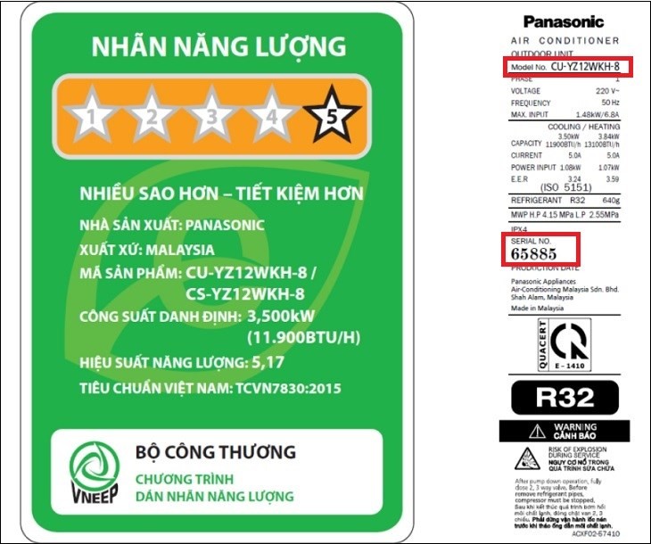 Vị trí Kiểu máy (Model) và Số máy (Serial) trên nhãn tem của máy lạnh 2 chiều Panasonic Inverter 1.5 HP, cần thiết để soạn tin nhắn kích hoạt bảo hành
