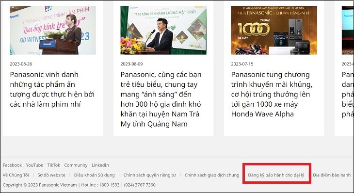 Truy cập trang web Panasonic và nhấp chọn mục Đăng ký bảo hành cho đại lý