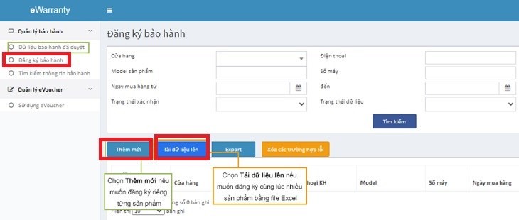 Trong giao diện quản lý, nhấp chọn mục Đăng ký bảo hành để bắt đầu quy trình