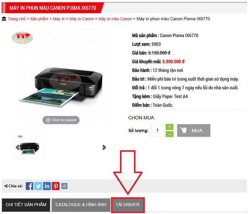 Giao diện trang sản phẩm máy in Canon IX6770 trên website Trường Thịnh Phát với mục tải driver