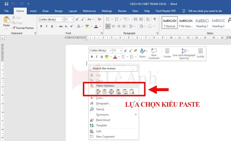 Tùy chọn dán dữ liệu Excel vào Word để in 2 mặt