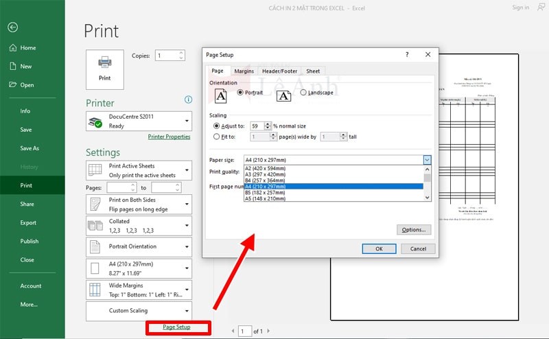 Nút Page Setup trong cửa sổ in Excel