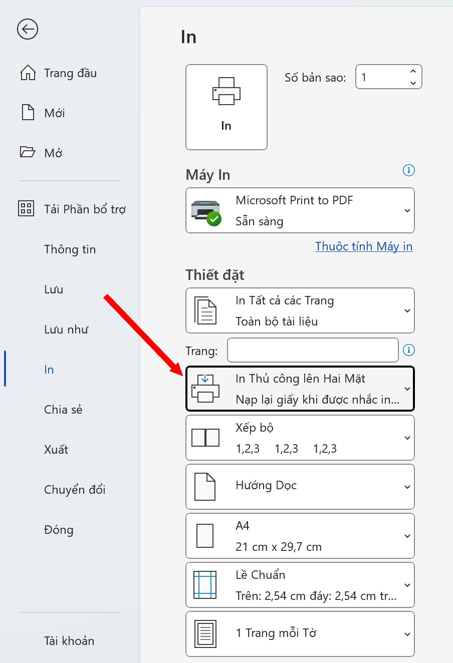 Cài đặt in một mặt giấy trong Microsoft Word 365