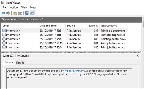 Nhóm lịch sử in theo loại sự kiện trong Event Viewer