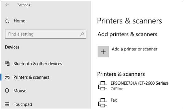 Giao diện Printers & Scanners Windows 10