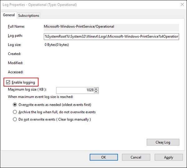 Xem lịch sử sự kiện máy in trong Event Viewer